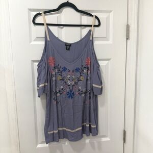 Torrid Cold Shoulder Embroidered Tunic Top 2 Periwinkle Blue 2X Boho Lace Straps